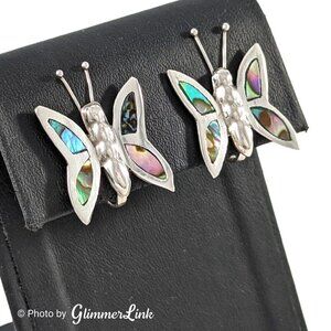 Vintage 925 Sterling Silver Abalone Shell Butterfly Screw Back Earrings